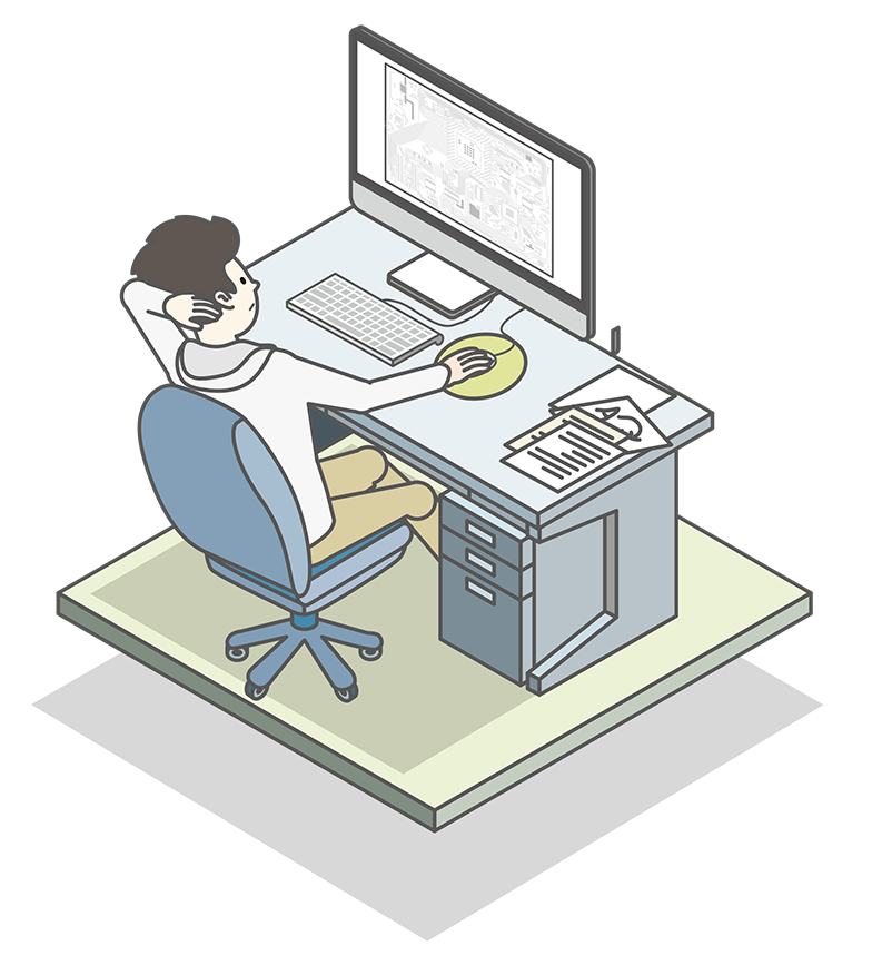 パソコンに向かって回路設計する社員のイラスト画像