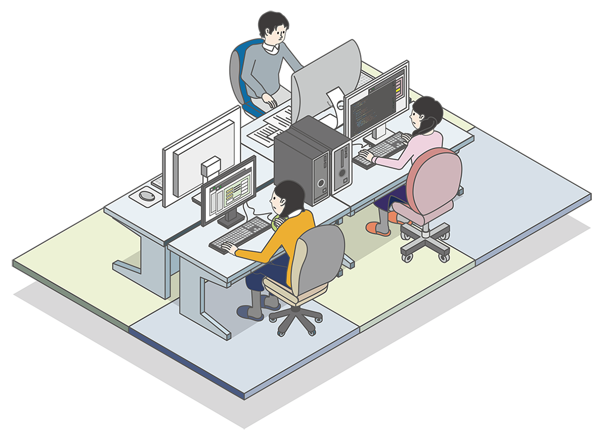 机の島でパソコン作業をする社員